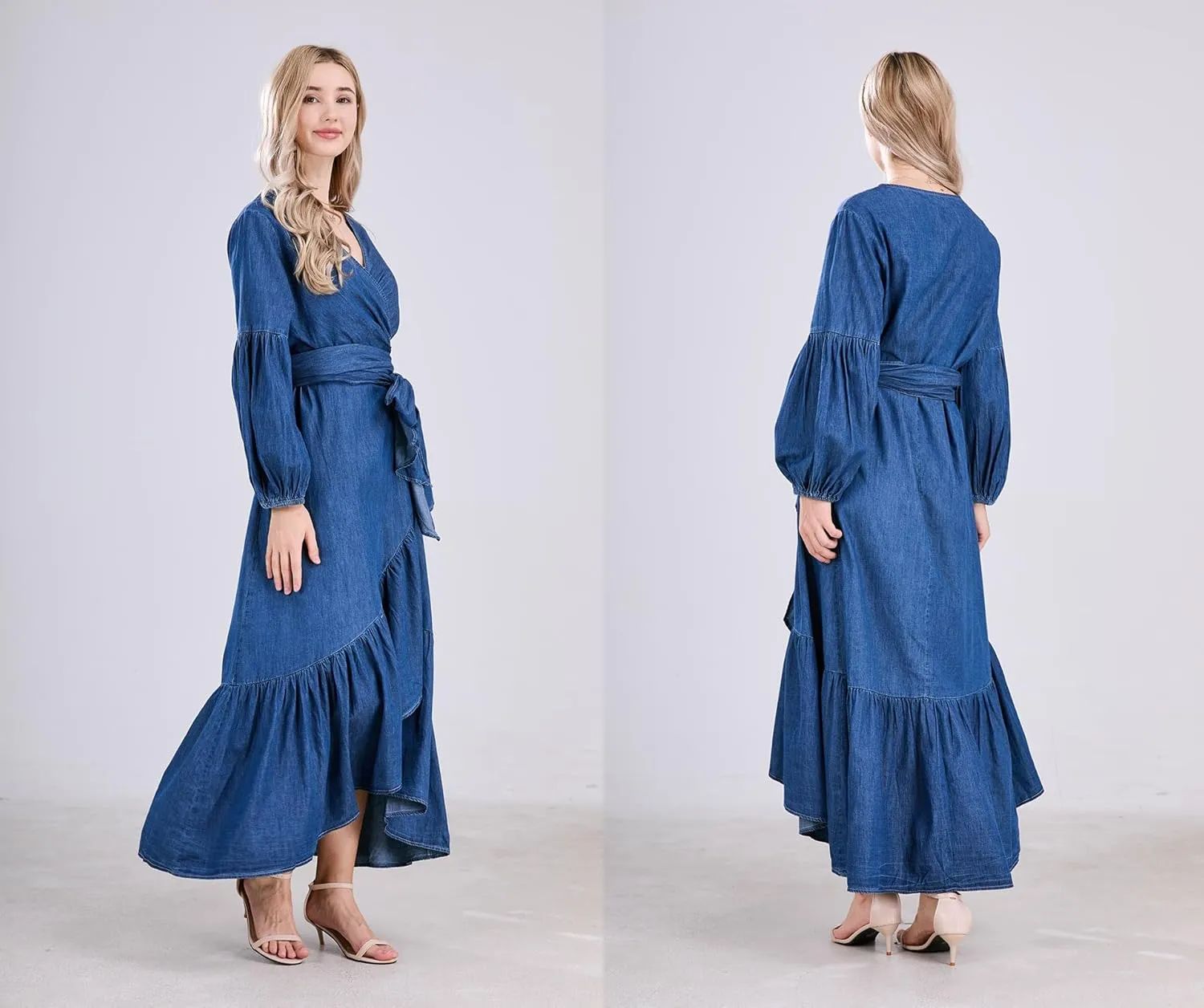 utcoco Womens Casual Belted Long Sleeve Denim Dress Wrapped V-Neck Ruffle Hem Maxi Denim Dresses for Women 2025