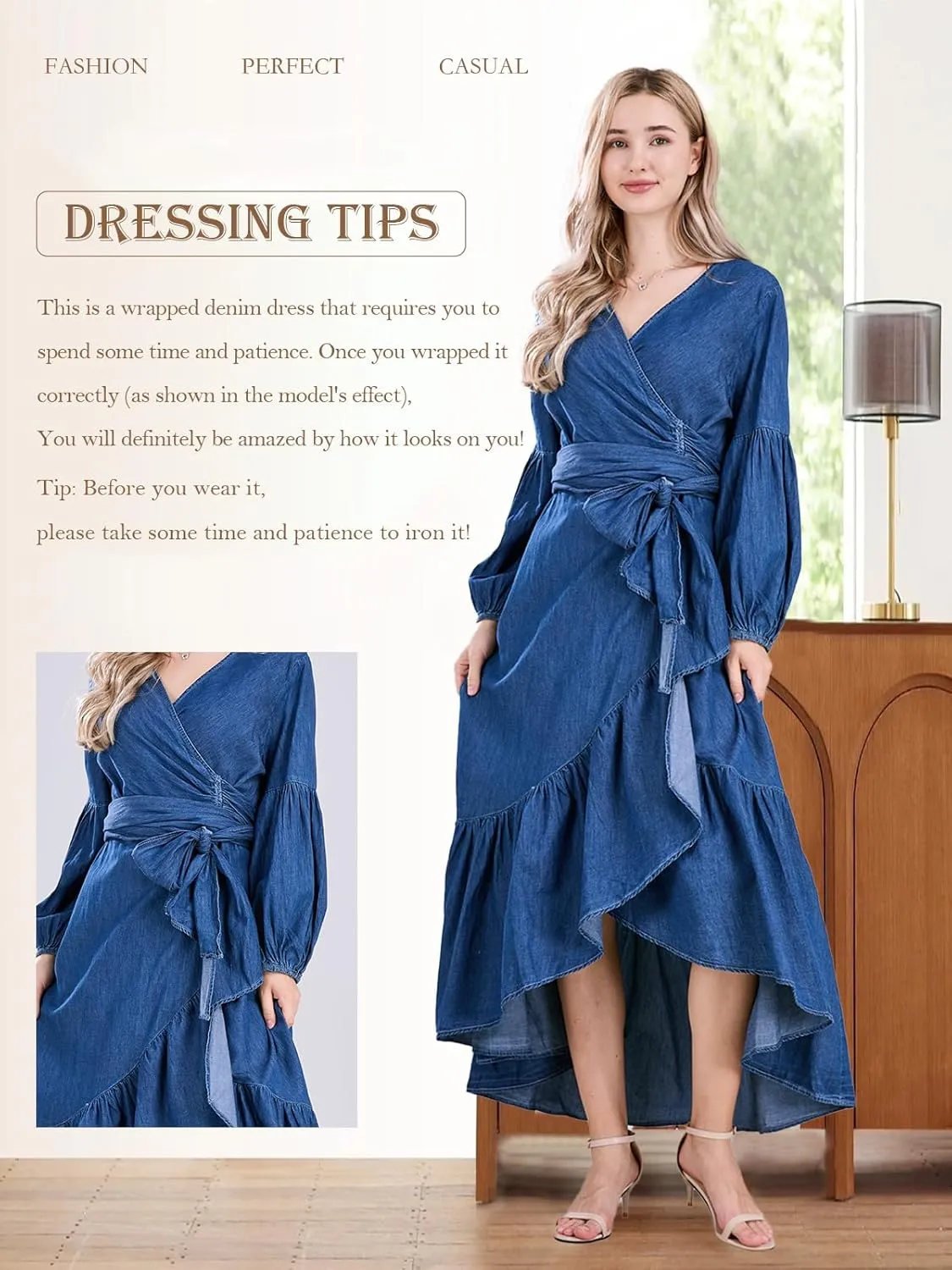 utcoco Womens Casual Belted Long Sleeve Denim Dress Wrapped V-Neck Ruffle Hem Maxi Denim Dresses for Women 2025