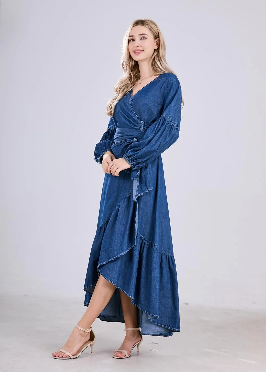 utcoco Womens Casual Belted Long Sleeve Denim Dress Wrapped V-Neck Ruffle Hem Maxi Denim Dresses for Women 2025