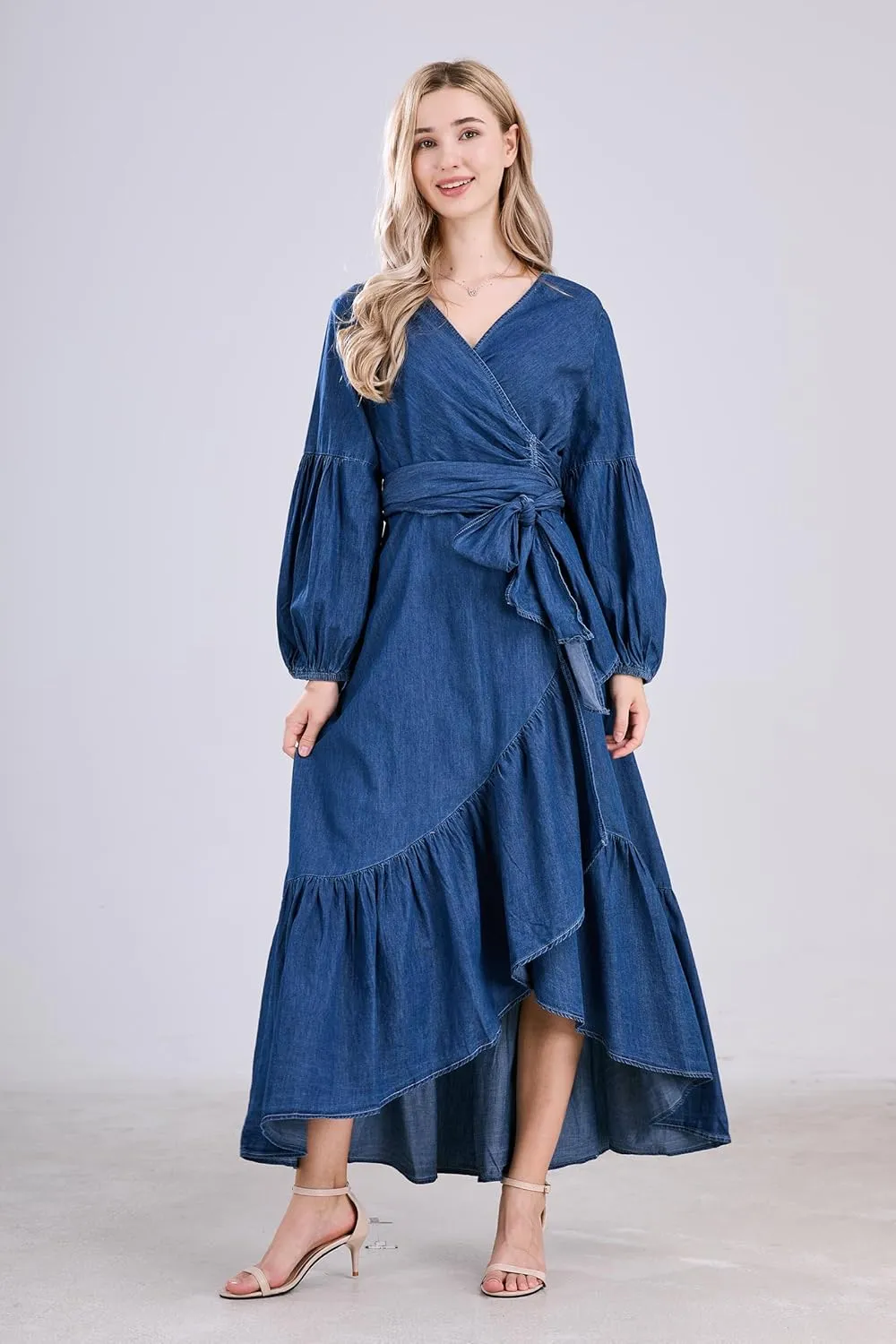 utcoco Womens Casual Belted Long Sleeve Denim Dress Wrapped V-Neck Ruffle Hem Maxi Denim Dresses for Women 2025
