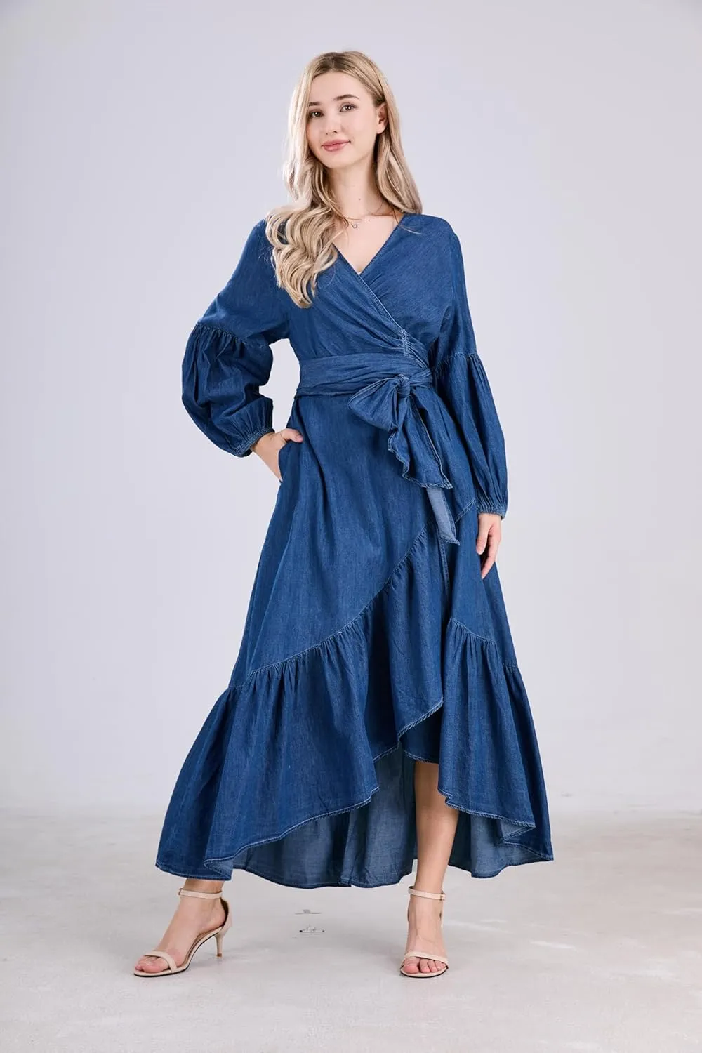 utcoco Womens Casual Belted Long Sleeve Denim Dress Wrapped V-Neck Ruffle Hem Maxi Denim Dresses for Women 2025