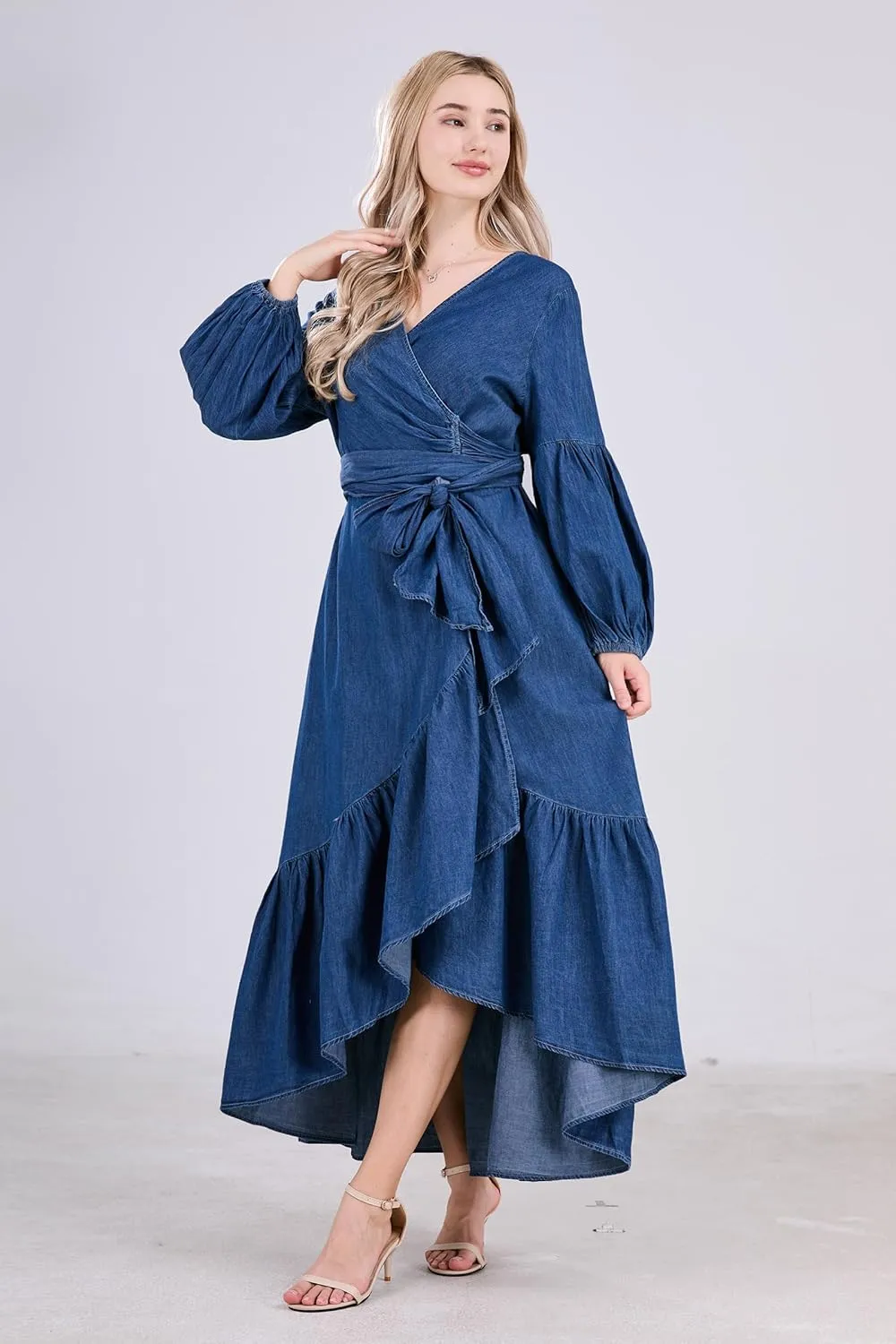 utcoco Womens Casual Belted Long Sleeve Denim Dress Wrapped V-Neck Ruffle Hem Maxi Denim Dresses for Women 2025
