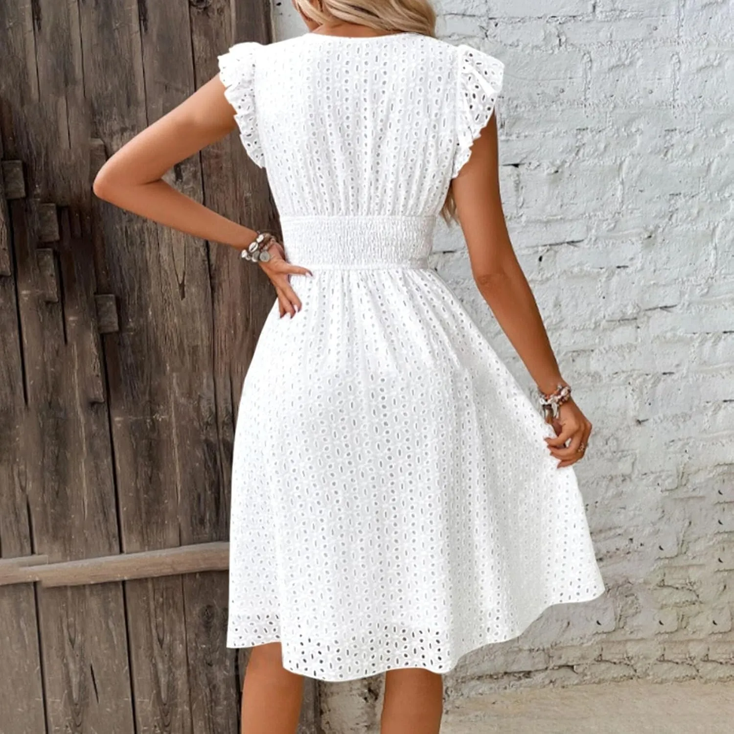 Vacation Dresses for Women 2025 Summer Trendy Eyelet Lace Ruffle Sleeve V Neck Midi Dress Flowy A Line Sundress