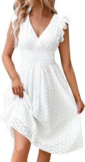 Vacation Dresses for Women 2025 Summer Trendy Eyelet Lace Ruffle Sleeve V Neck Midi Dress Flowy A Line Sundress