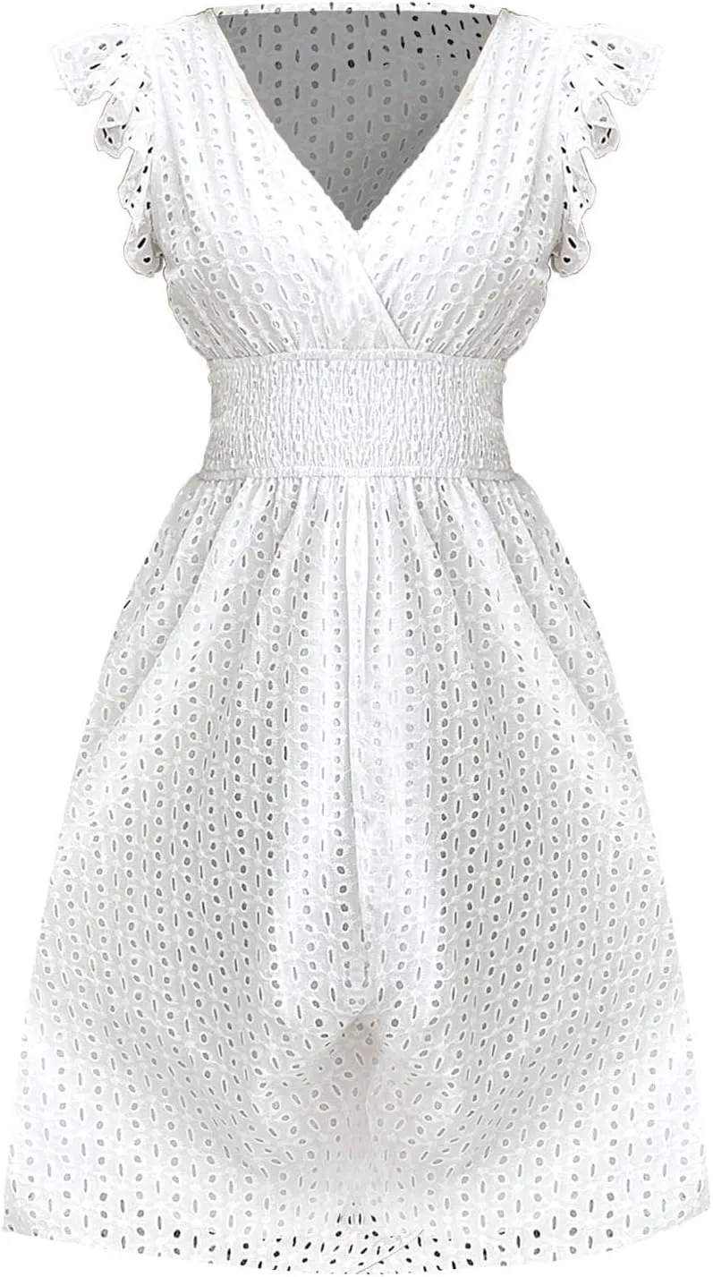 Vacation Dresses for Women 2025 Summer Trendy Eyelet Lace Ruffle Sleeve V Neck Midi Dress Flowy A Line Sundress