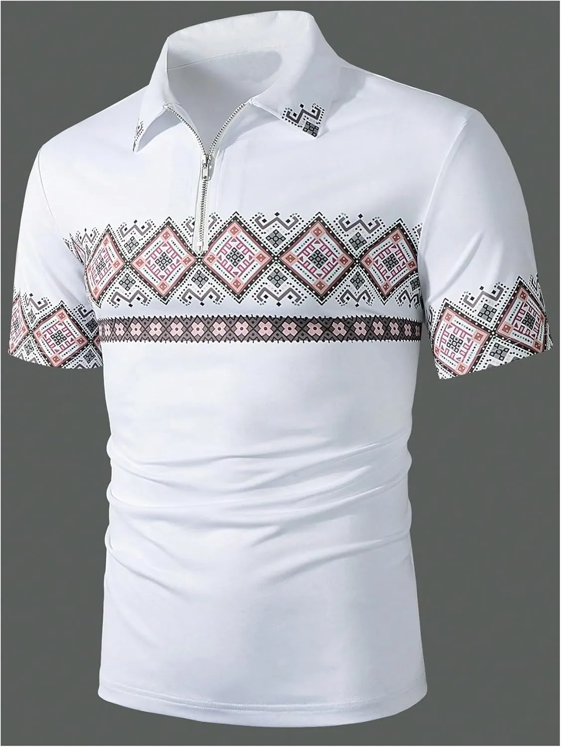 Verdusa Men's Collar Short Sleeve Golf Shirt Geometric Pattern Half Zip Tee Top