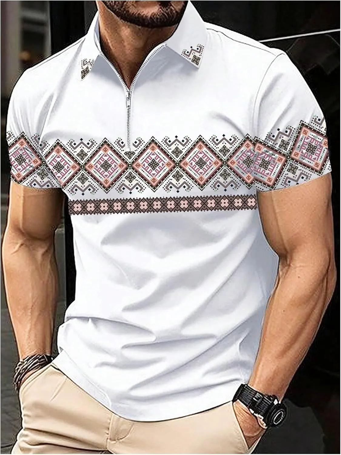 Verdusa Men's Collar Short Sleeve Golf Shirt Geometric Pattern Half Zip Tee Top
