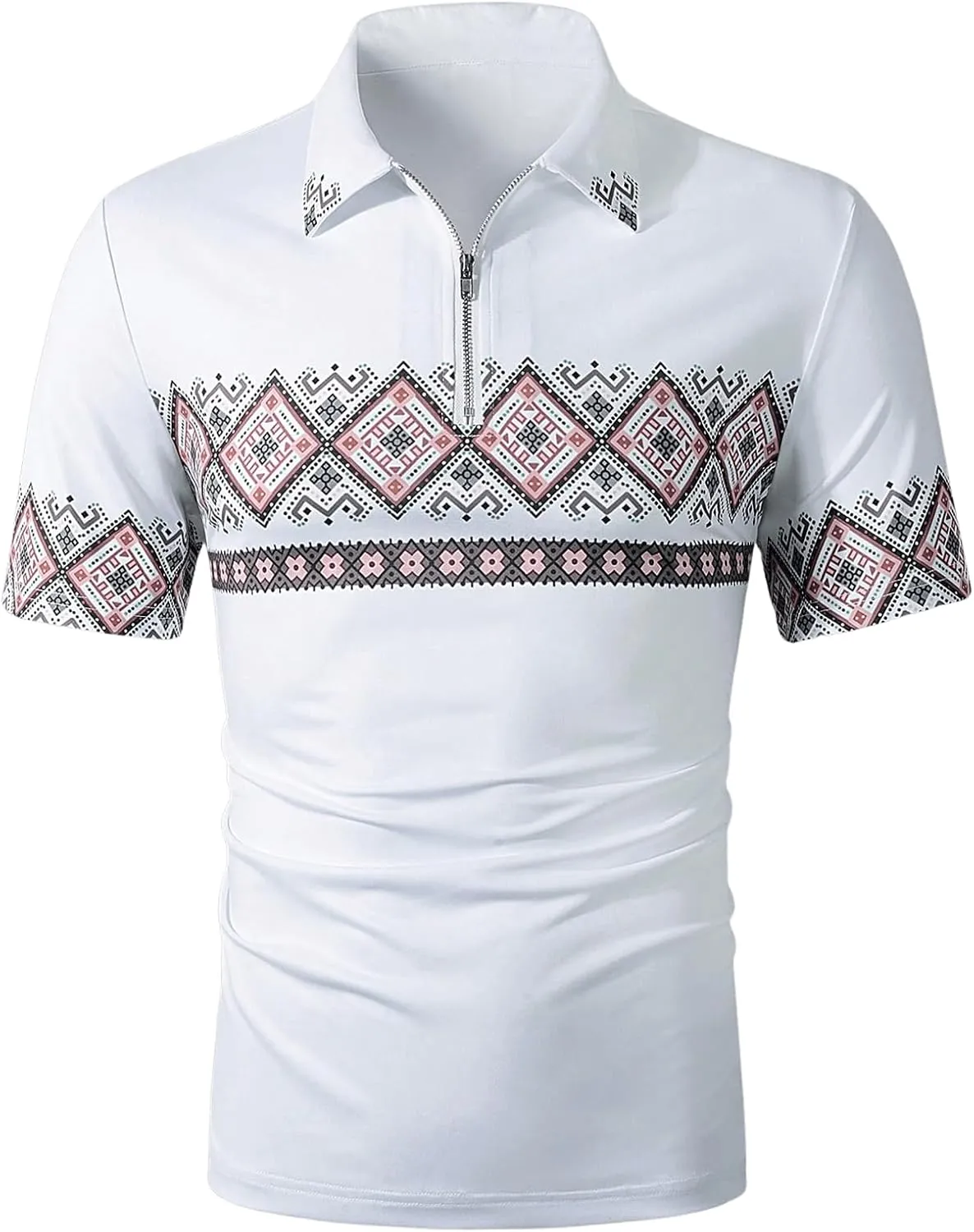 Verdusa Men's Collar Short Sleeve Golf Shirt Geometric Pattern Half Zip Tee Top