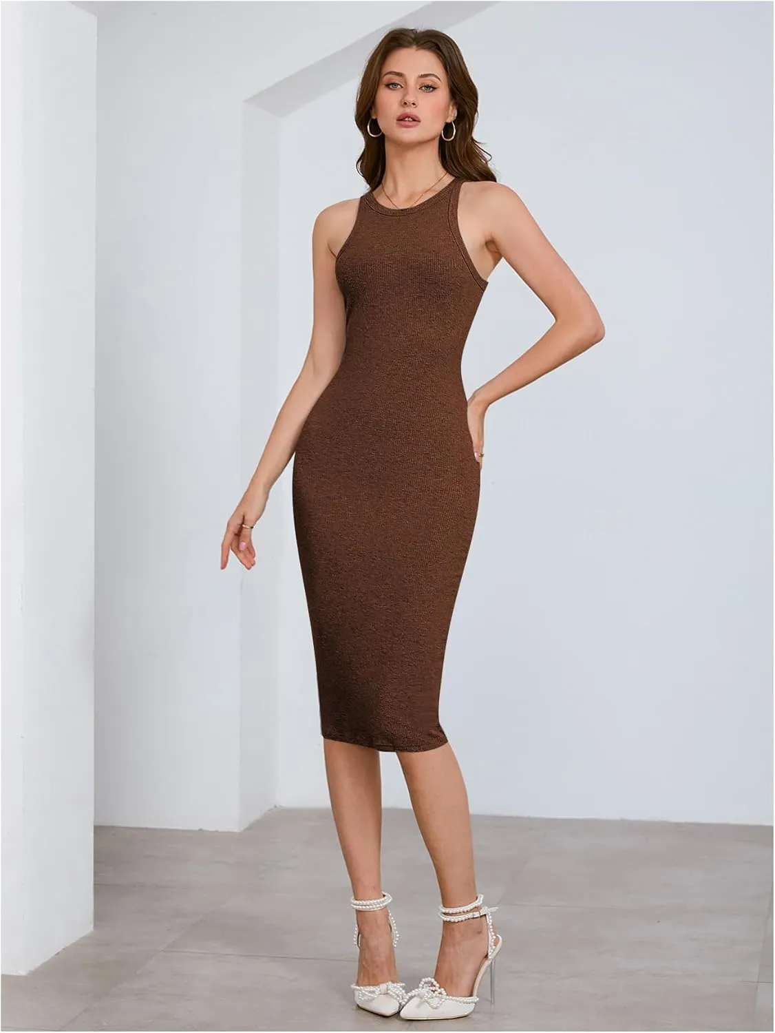 Verdusa Women's Fall Dress Sleeveless Ribbed Knit Midi Tank Dress Wedding Guest Dress Sweater Dresses