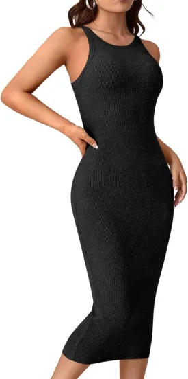 Verdusa Women's Fall Dress Sleeveless Ribbed Knit Midi Tank Dress Wedding Guest Dress Sweater Dresses