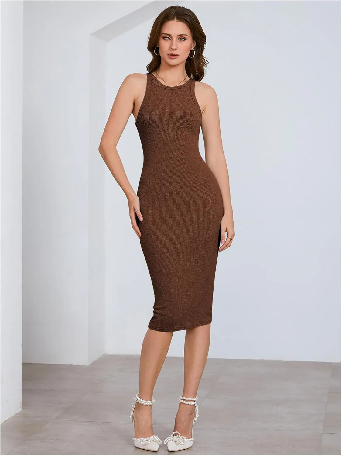 Verdusa Women's Fall Dress Sleeveless Ribbed Knit Midi Tank Dress Wedding Guest Dress Sweater Dresses