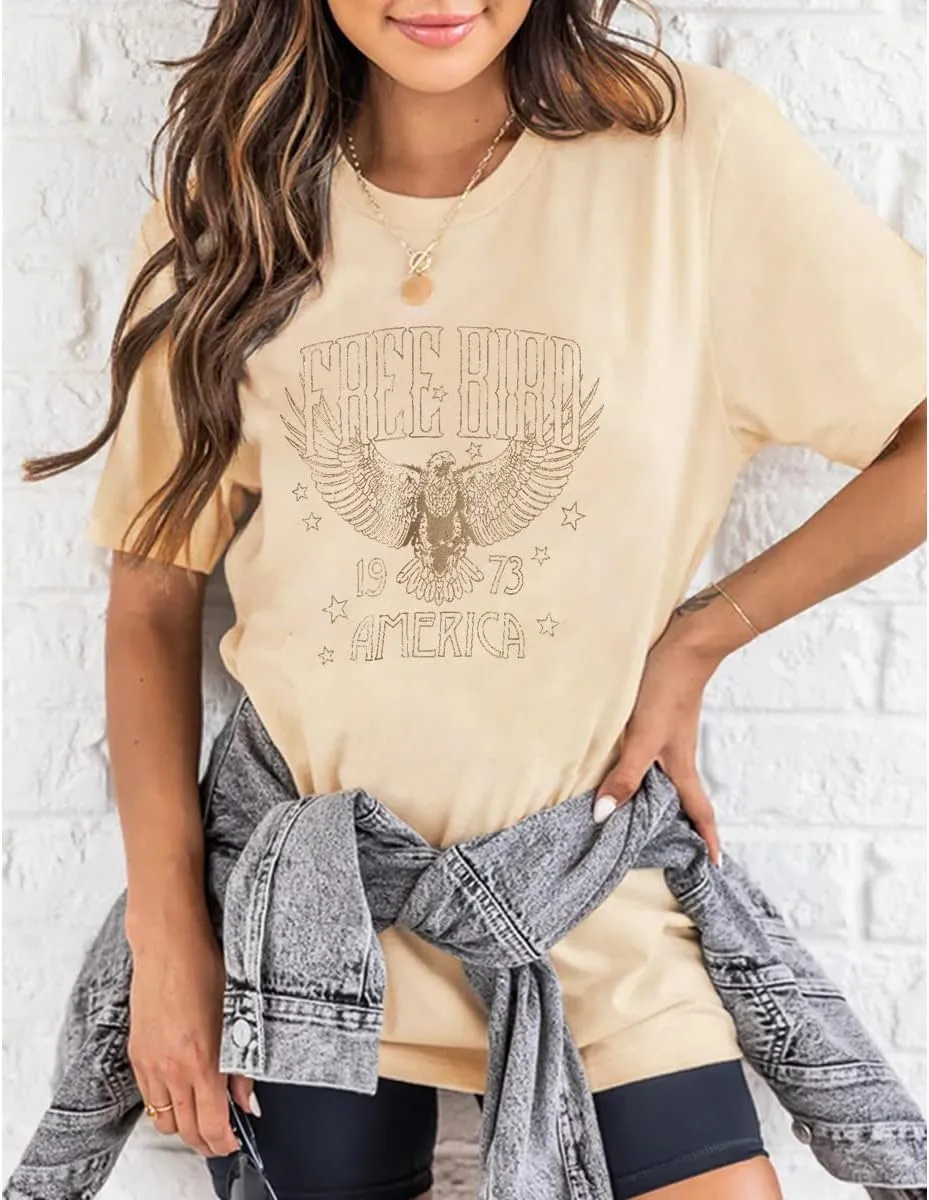 Vintage Rock Band Tshirts Women Retro Free Bird Western Graphic Tees Country Music Shirts Casual Short Sleeve Tops
