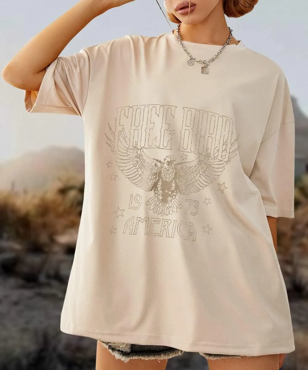 Vintage Rock Band Tshirts Women Retro Free Bird Western Graphic Tees Country Music Shirts Casual Short Sleeve Tops