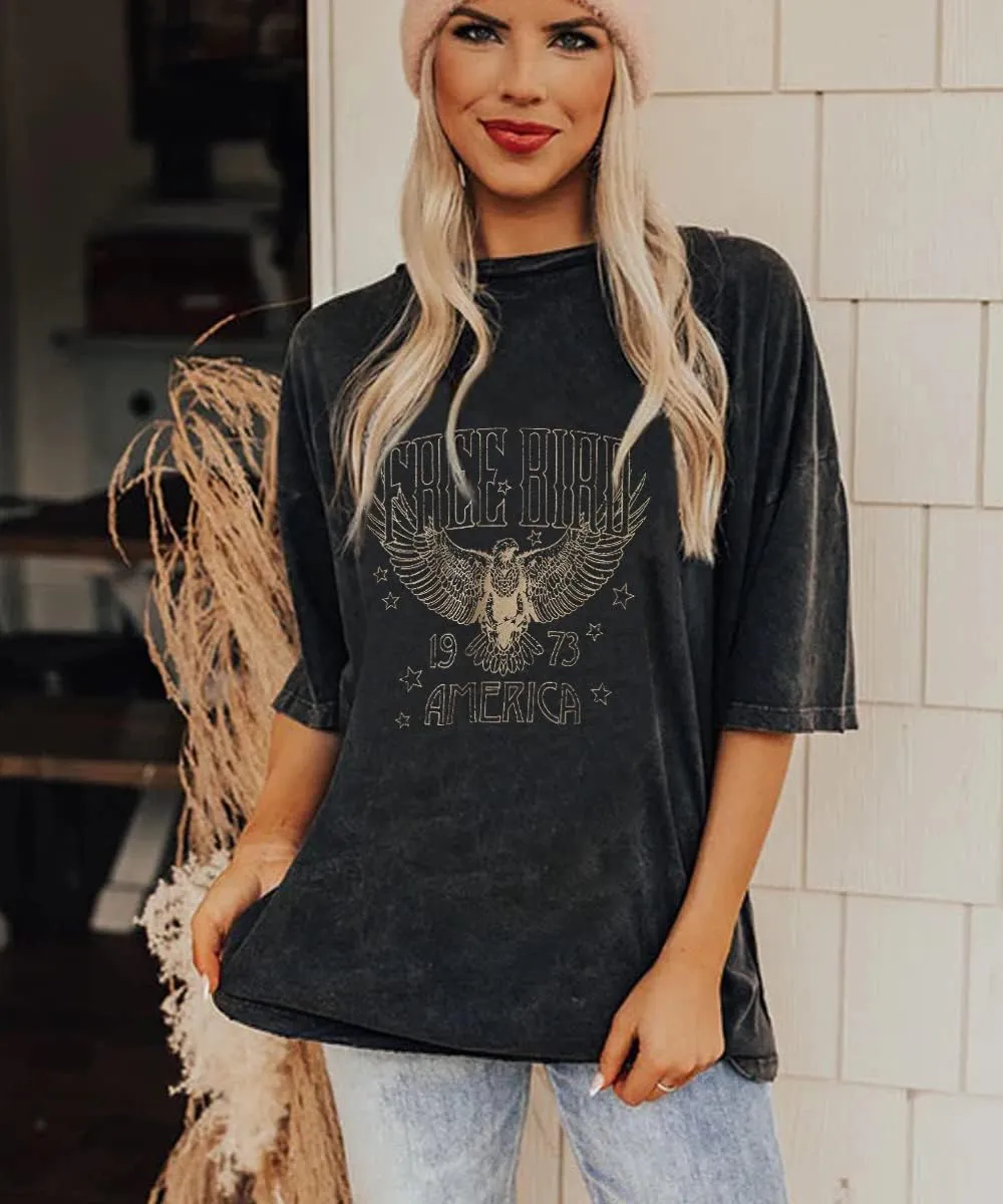 Vintage Rock Band Tshirts Women Retro Free Bird Western Graphic Tees Country Music Shirts Casual Short Sleeve Tops