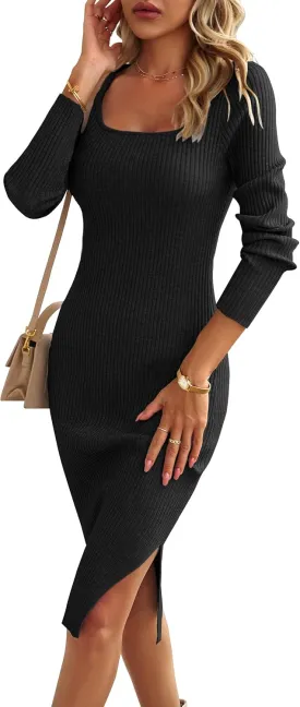 VintageClothing Women's 2025 Fall Long Sleeve Sweater Dress Square Neck Side Slit Bodycon Ribbed Knit Slim Fit Midi Dress