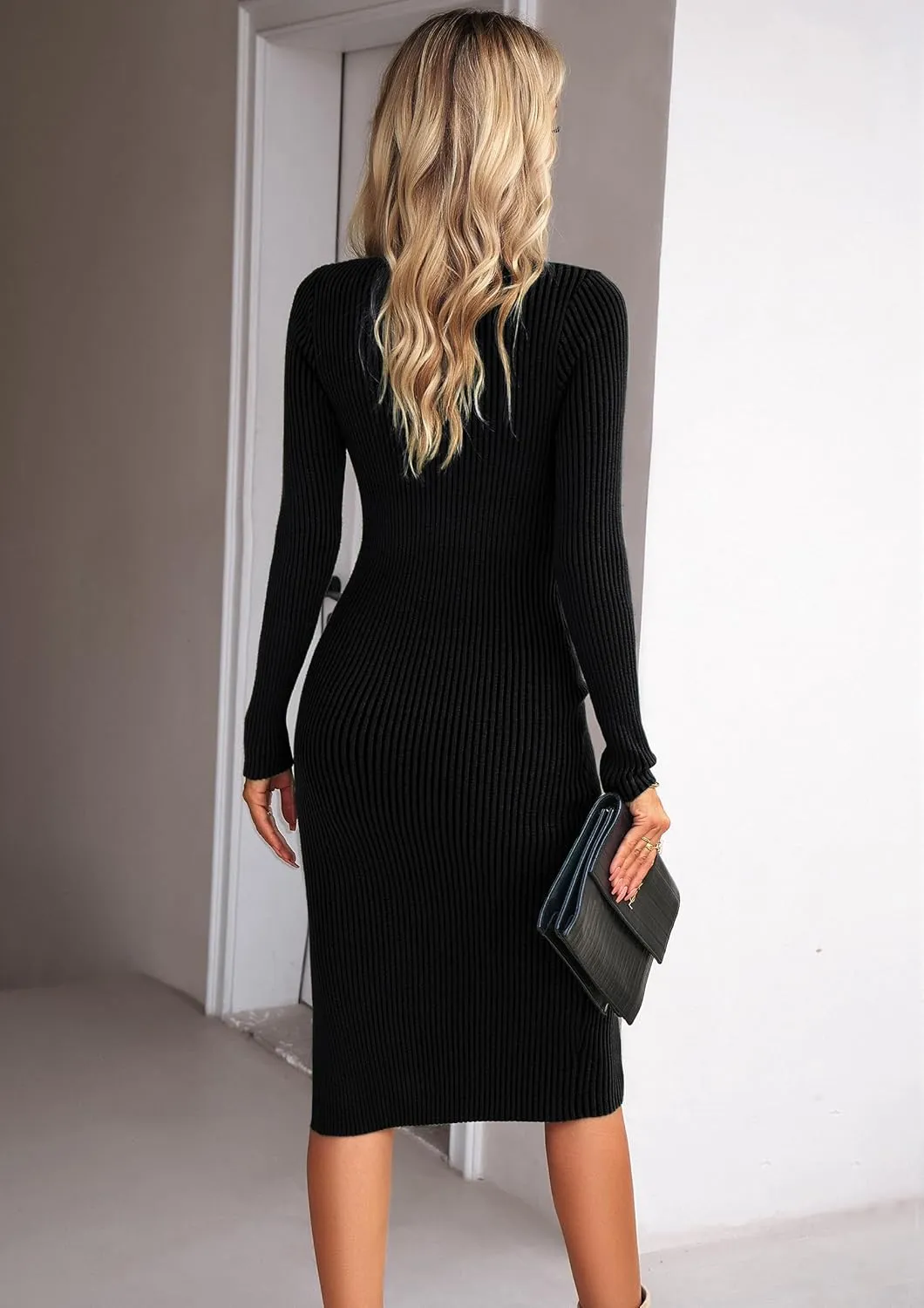 VintageClothing Women's 2025 Fall Long Sleeve Sweater Dress Square Neck Side Slit Bodycon Ribbed Knit Slim Fit Midi Dress