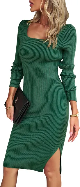 VintageClothing Women's 2025 Fall Long Sleeve Sweater Dress Square Neck Side Slit Bodycon Ribbed Knit Slim Fit Midi Dress