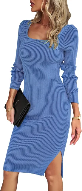 VintageClothing Women's 2025 Fall Long Sleeve Sweater Dress Square Neck Side Slit Bodycon Ribbed Knit Slim Fit Midi Dress