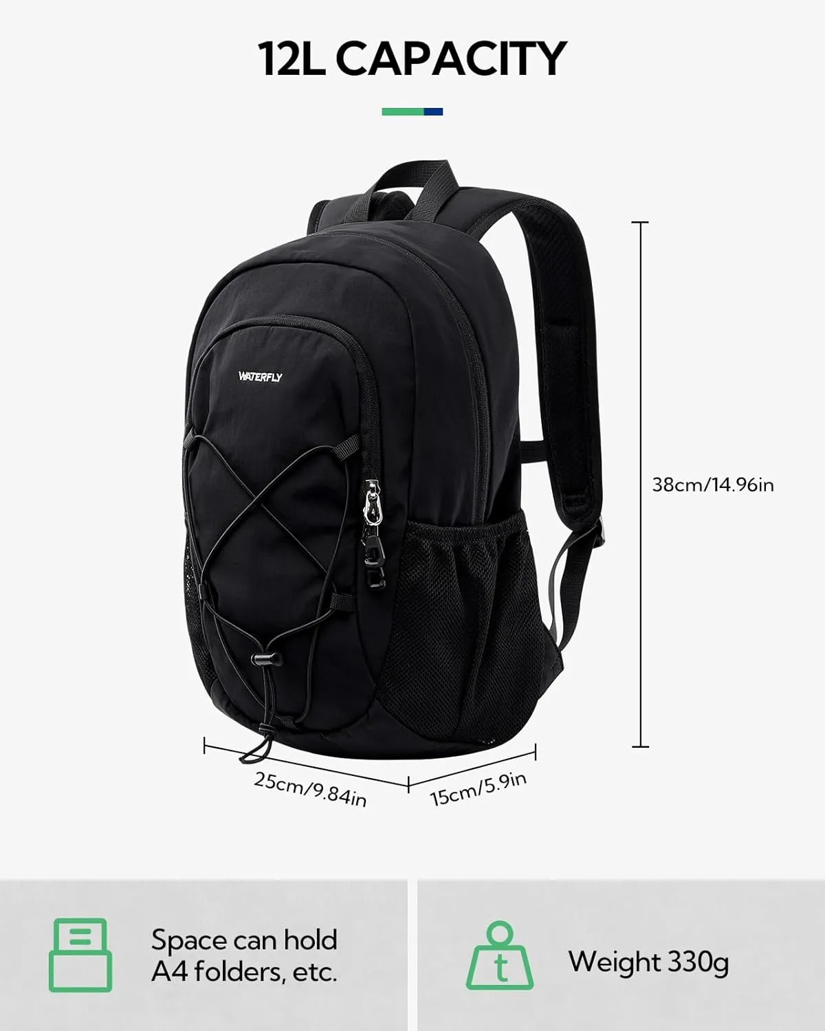 WATERFLY 12L Small Hiking Backpack: Day Pack Lightweight Travel Bag Camping Walking Sports Daypack For Women Men