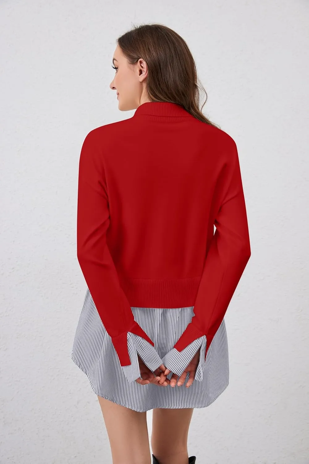 Women Asymmetrical Patchwork Sweaters Slit Turtleneck Pullover Sweater Dress 2 in 1 Sweater Shirt Tunic Sweater Tops