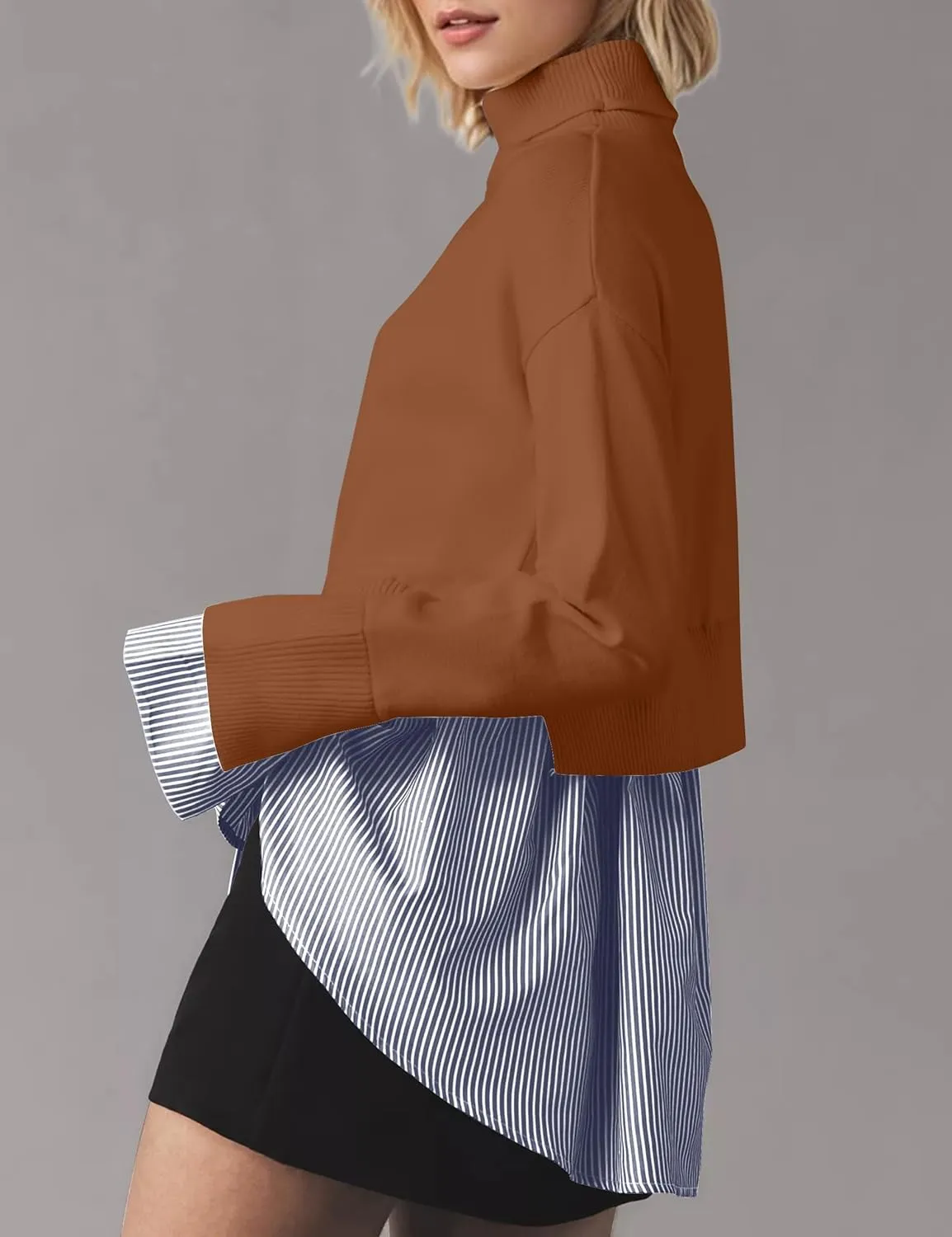 Women Asymmetrical Patchwork Sweaters Slit Turtleneck Pullover Sweater Dress 2 in 1 Sweater Shirt Tunic Sweater Tops