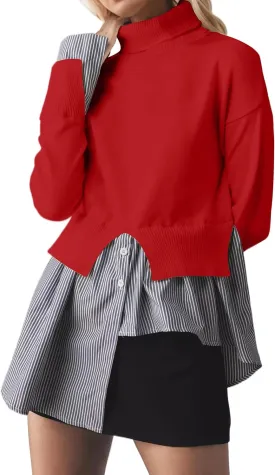 Women Asymmetrical Patchwork Sweaters Slit Turtleneck Pullover Sweater Dress 2 in 1 Sweater Shirt Tunic Sweater Tops