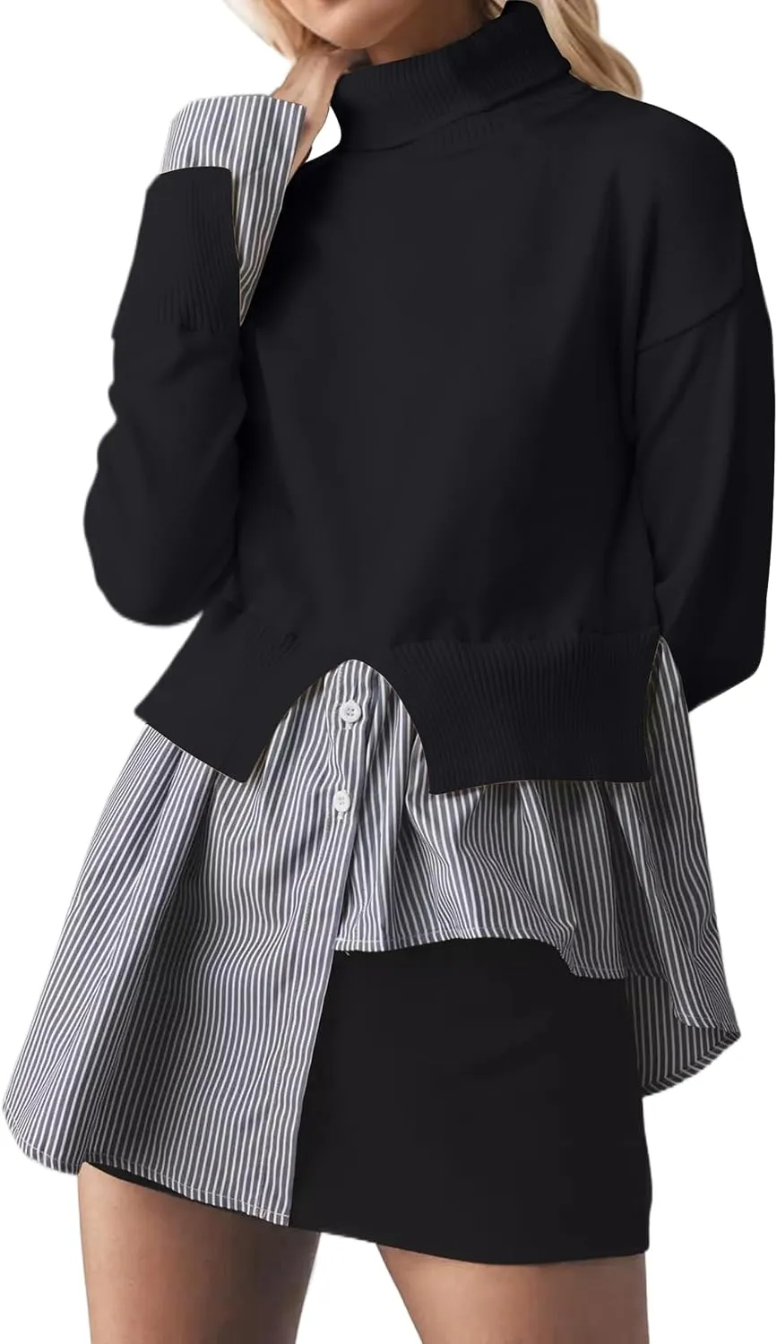 Women Asymmetrical Patchwork Sweaters Slit Turtleneck Pullover Sweater Dress 2 in 1 Sweater Shirt Tunic Sweater Tops