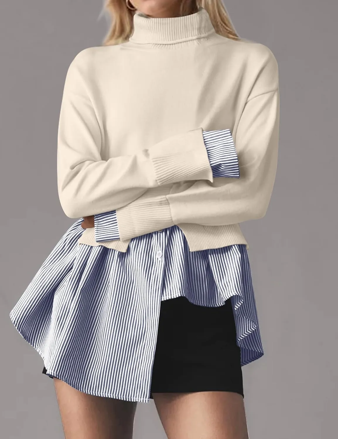 Women Asymmetrical Patchwork Sweaters Slit Turtleneck Pullover Sweater Dress 2 in 1 Sweater Shirt Tunic Sweater Tops