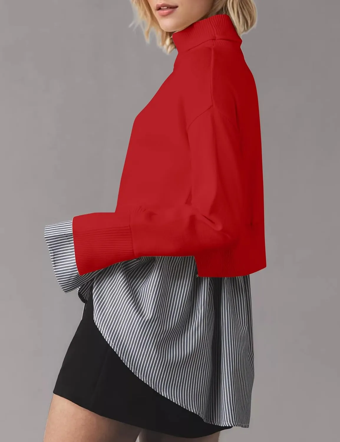 Women Asymmetrical Patchwork Sweaters Slit Turtleneck Pullover Sweater Dress 2 in 1 Sweater Shirt Tunic Sweater Tops