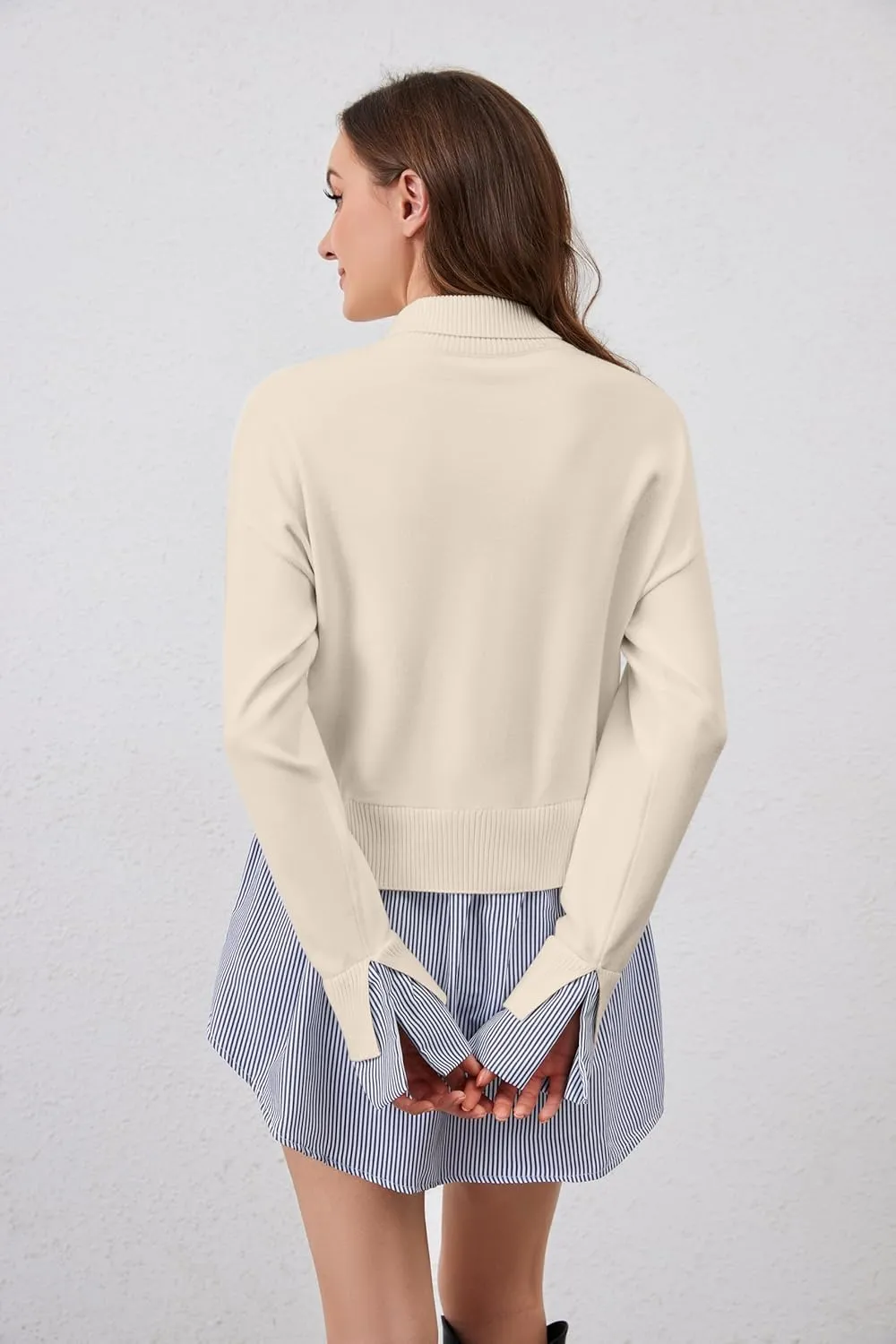 Women Asymmetrical Patchwork Sweaters Slit Turtleneck Pullover Sweater Dress 2 in 1 Sweater Shirt Tunic Sweater Tops