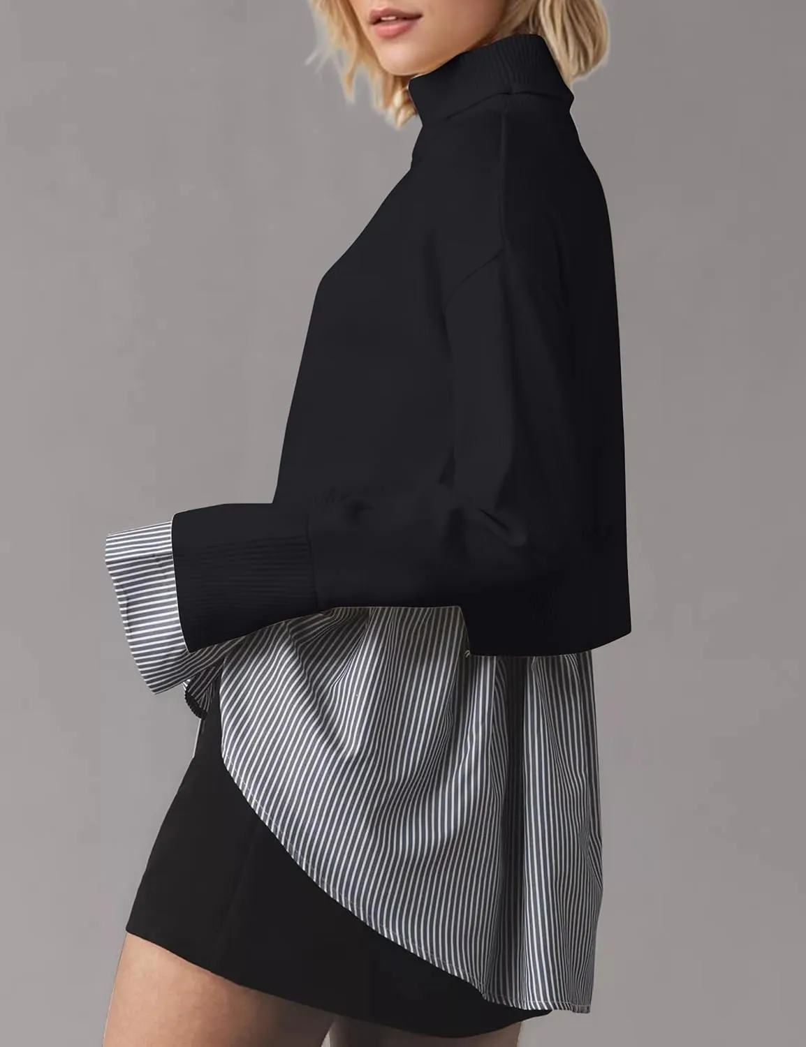 Women Asymmetrical Patchwork Sweaters Slit Turtleneck Pullover Sweater Dress 2 in 1 Sweater Shirt Tunic Sweater Tops