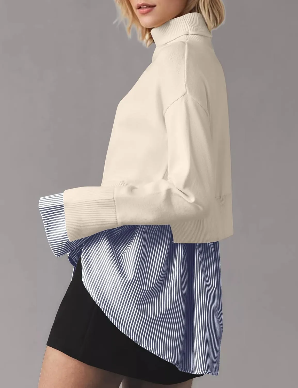 Women Asymmetrical Patchwork Sweaters Slit Turtleneck Pullover Sweater Dress 2 in 1 Sweater Shirt Tunic Sweater Tops