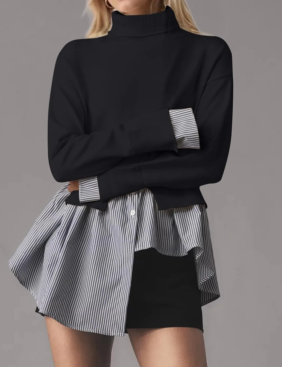 Women Asymmetrical Patchwork Sweaters Slit Turtleneck Pullover Sweater Dress 2 in 1 Sweater Shirt Tunic Sweater Tops