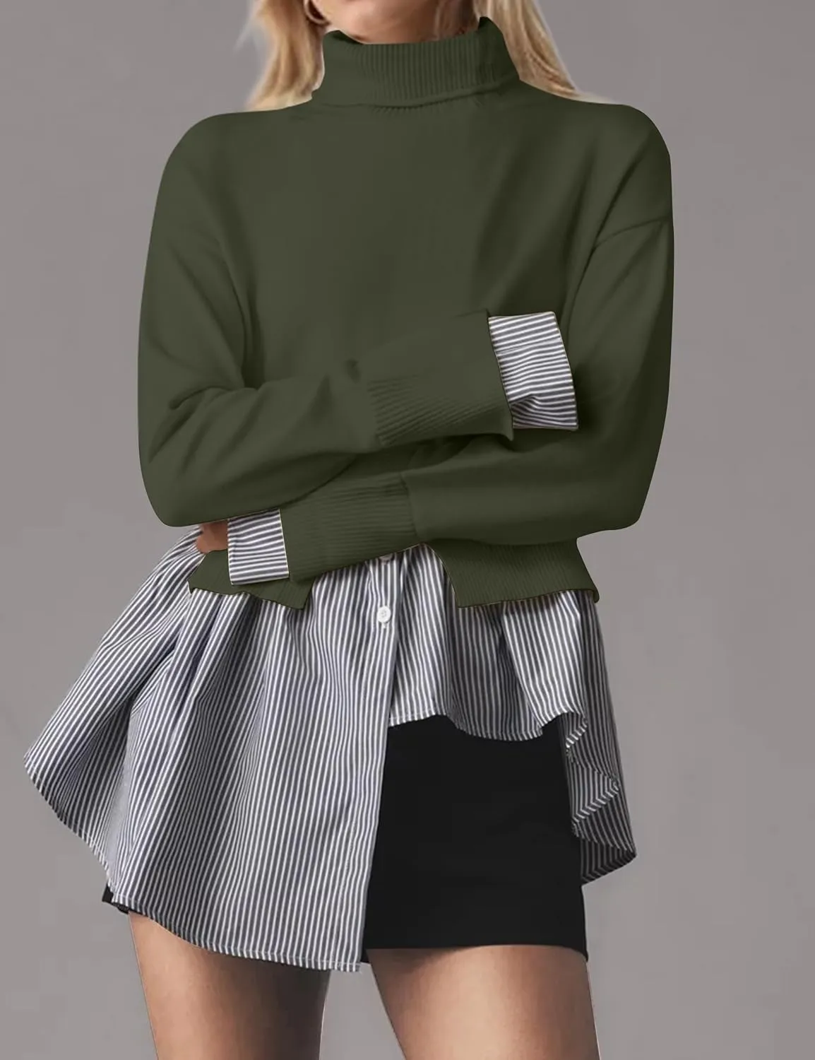 Women Asymmetrical Patchwork Sweaters Slit Turtleneck Pullover Sweater Dress 2 in 1 Sweater Shirt Tunic Sweater Tops