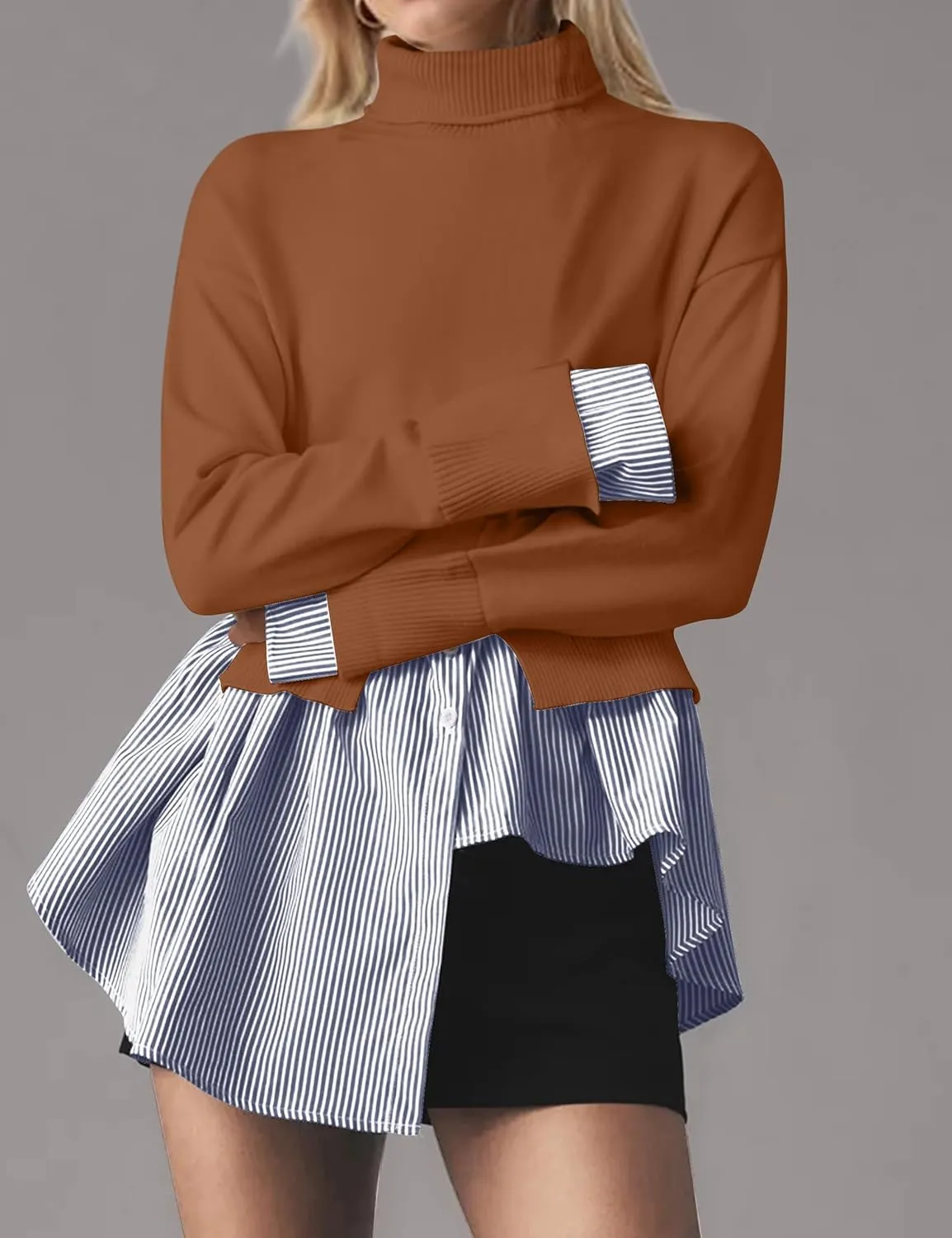 Women Asymmetrical Patchwork Sweaters Slit Turtleneck Pullover Sweater Dress 2 in 1 Sweater Shirt Tunic Sweater Tops