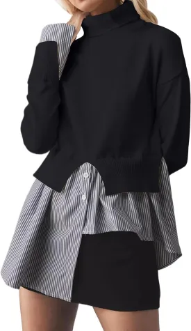 Women Asymmetrical Patchwork Sweaters Slit Turtleneck Pullover Sweater Dress 2 in 1 Sweater Shirt Tunic Sweater Tops