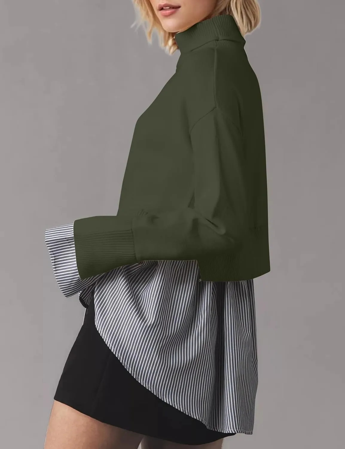Women Asymmetrical Patchwork Sweaters Slit Turtleneck Pullover Sweater Dress 2 in 1 Sweater Shirt Tunic Sweater Tops
