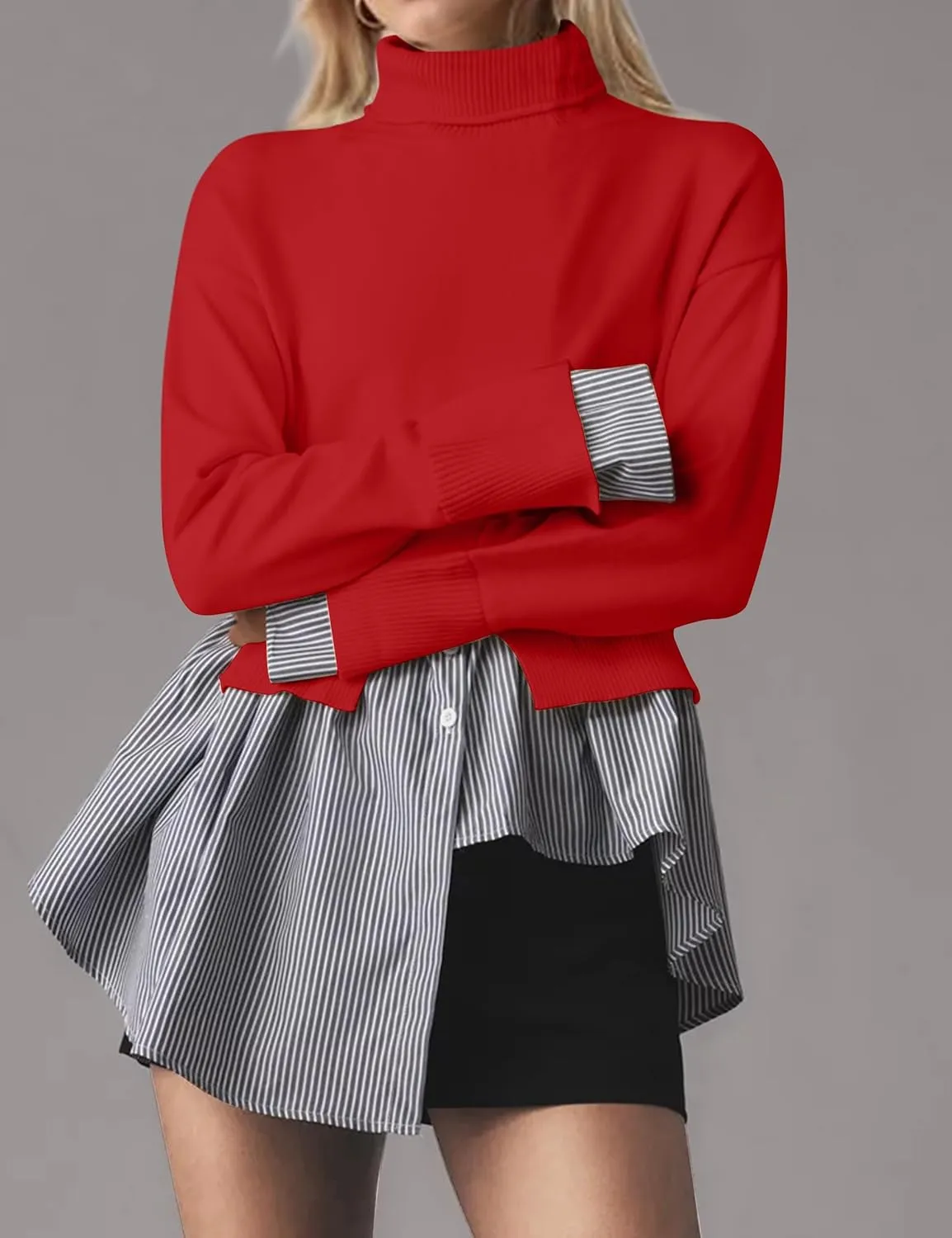 Women Asymmetrical Patchwork Sweaters Slit Turtleneck Pullover Sweater Dress 2 in 1 Sweater Shirt Tunic Sweater Tops