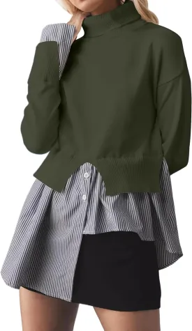 Women Asymmetrical Patchwork Sweaters Slit Turtleneck Pullover Sweater Dress 2 in 1 Sweater Shirt Tunic Sweater Tops