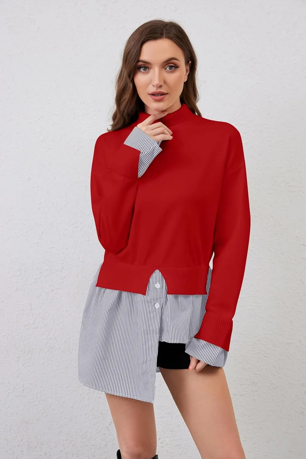 Women Asymmetrical Patchwork Sweaters Slit Turtleneck Pullover Sweater Dress 2 in 1 Sweater Shirt Tunic Sweater Tops