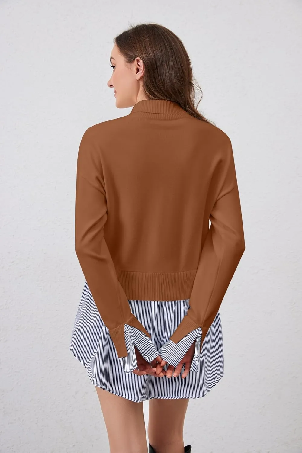 Women Asymmetrical Patchwork Sweaters Slit Turtleneck Pullover Sweater Dress 2 in 1 Sweater Shirt Tunic Sweater Tops