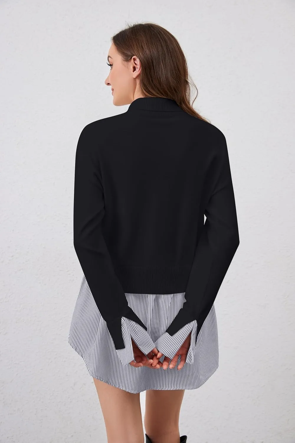 Women Asymmetrical Patchwork Sweaters Slit Turtleneck Pullover Sweater Dress 2 in 1 Sweater Shirt Tunic Sweater Tops