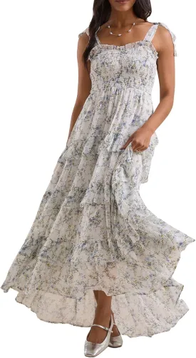 Women Boho Floral Smocked Maxi Dress Y2k Patchwork Lace Layered Long Beach Dress Casual Flowy Summer Sundress