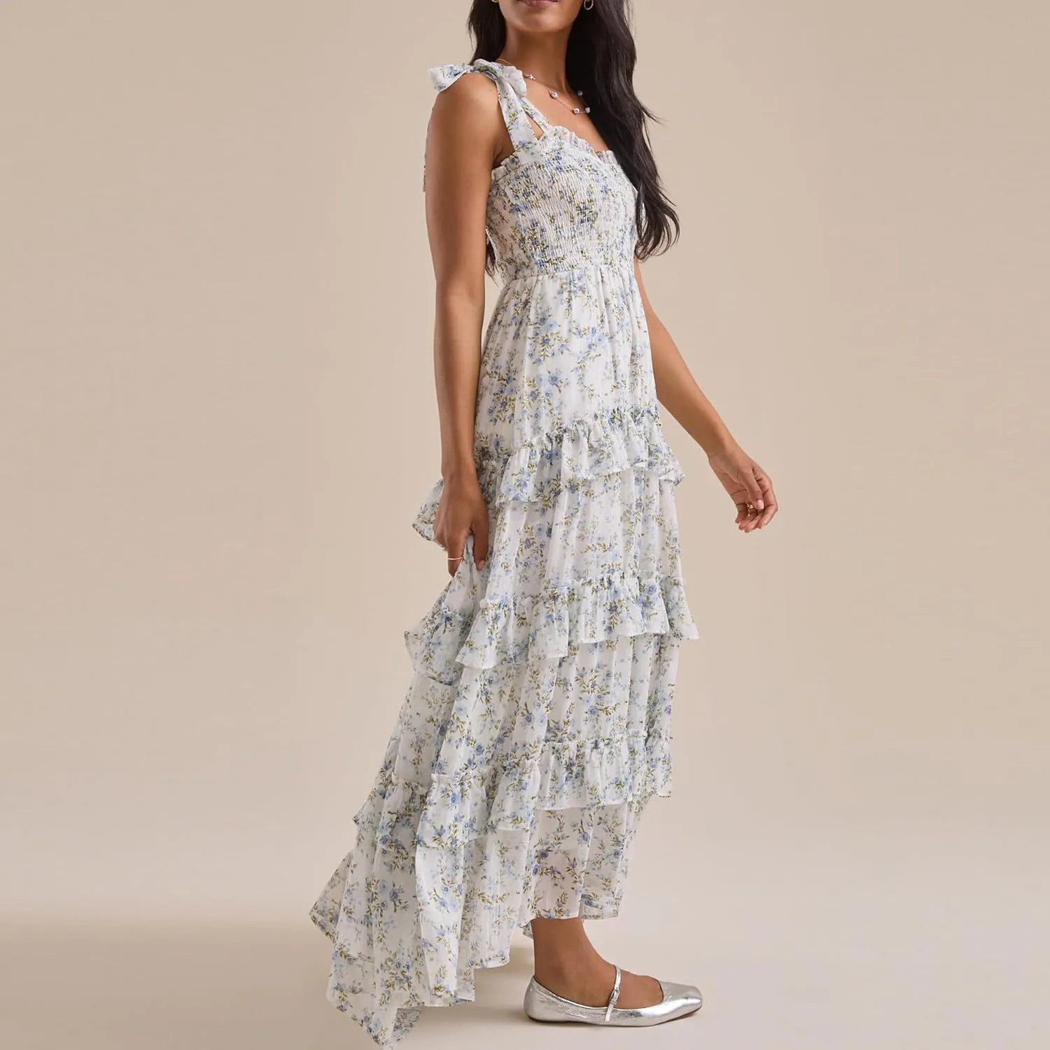 Women Boho Floral Smocked Maxi Dress Y2k Patchwork Lace Layered Long Beach Dress Casual Flowy Summer Sundress