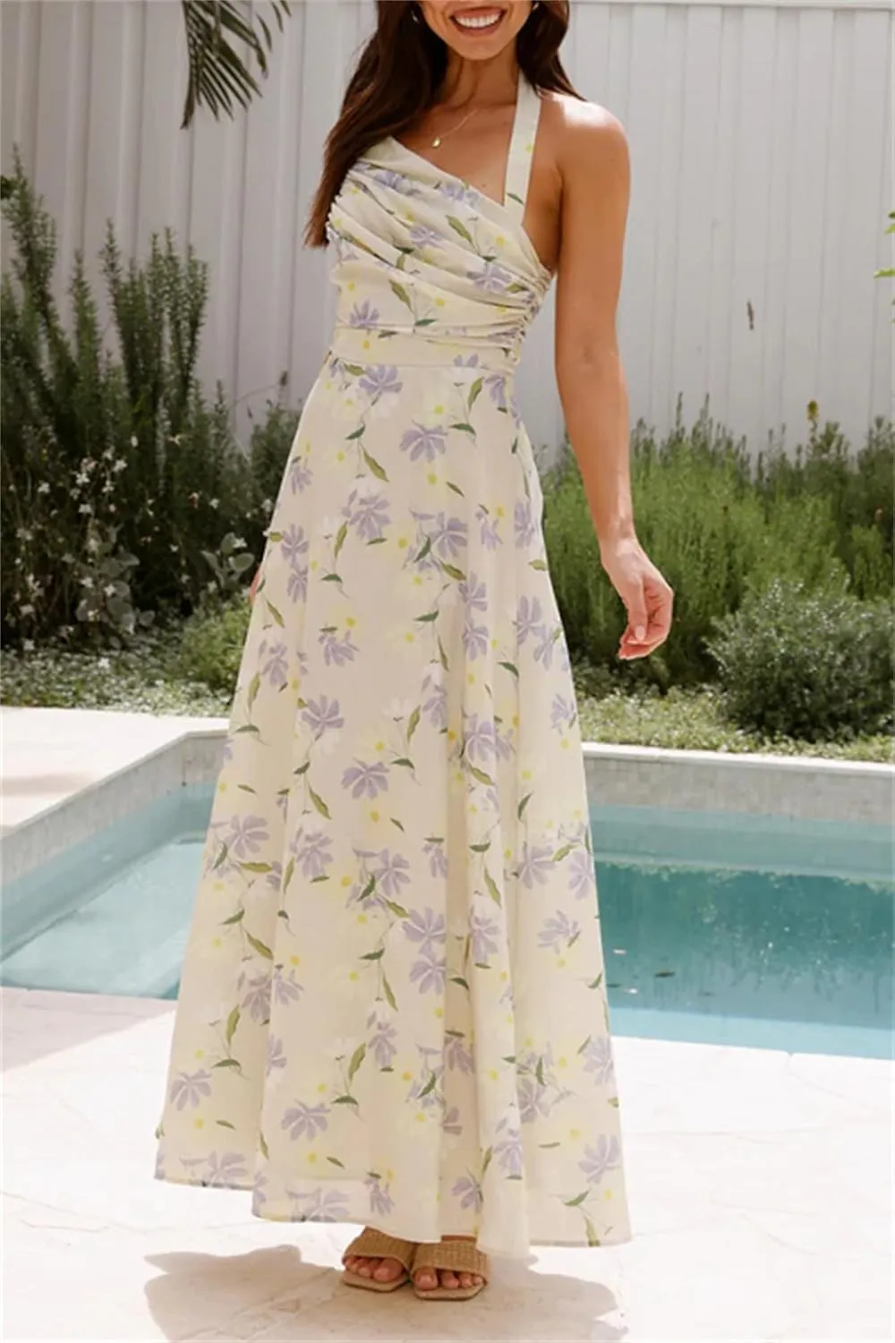 Women Boho Floral Smocked Maxi Dress Y2k Patchwork Lace Layered Long Beach Dress Casual Flowy Summer Sundress