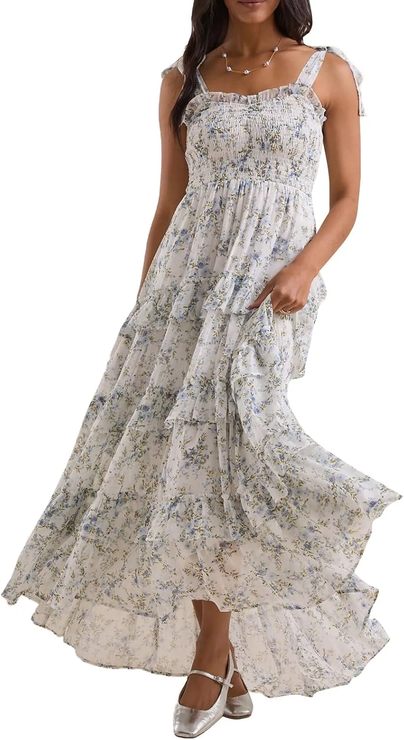 Women Boho Floral Smocked Maxi Dress Y2k Patchwork Lace Layered Long Beach Dress Casual Flowy Summer Sundress