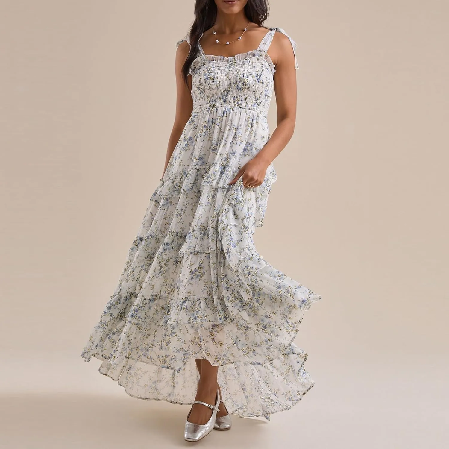 Women Boho Floral Smocked Maxi Dress Y2k Patchwork Lace Layered Long Beach Dress Casual Flowy Summer Sundress