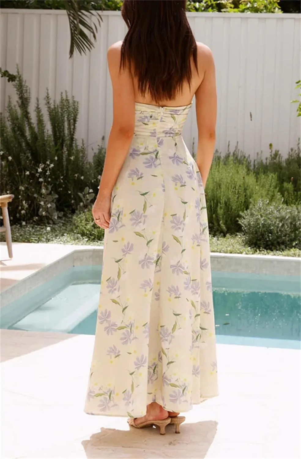Women Boho Floral Smocked Maxi Dress Y2k Patchwork Lace Layered Long Beach Dress Casual Flowy Summer Sundress