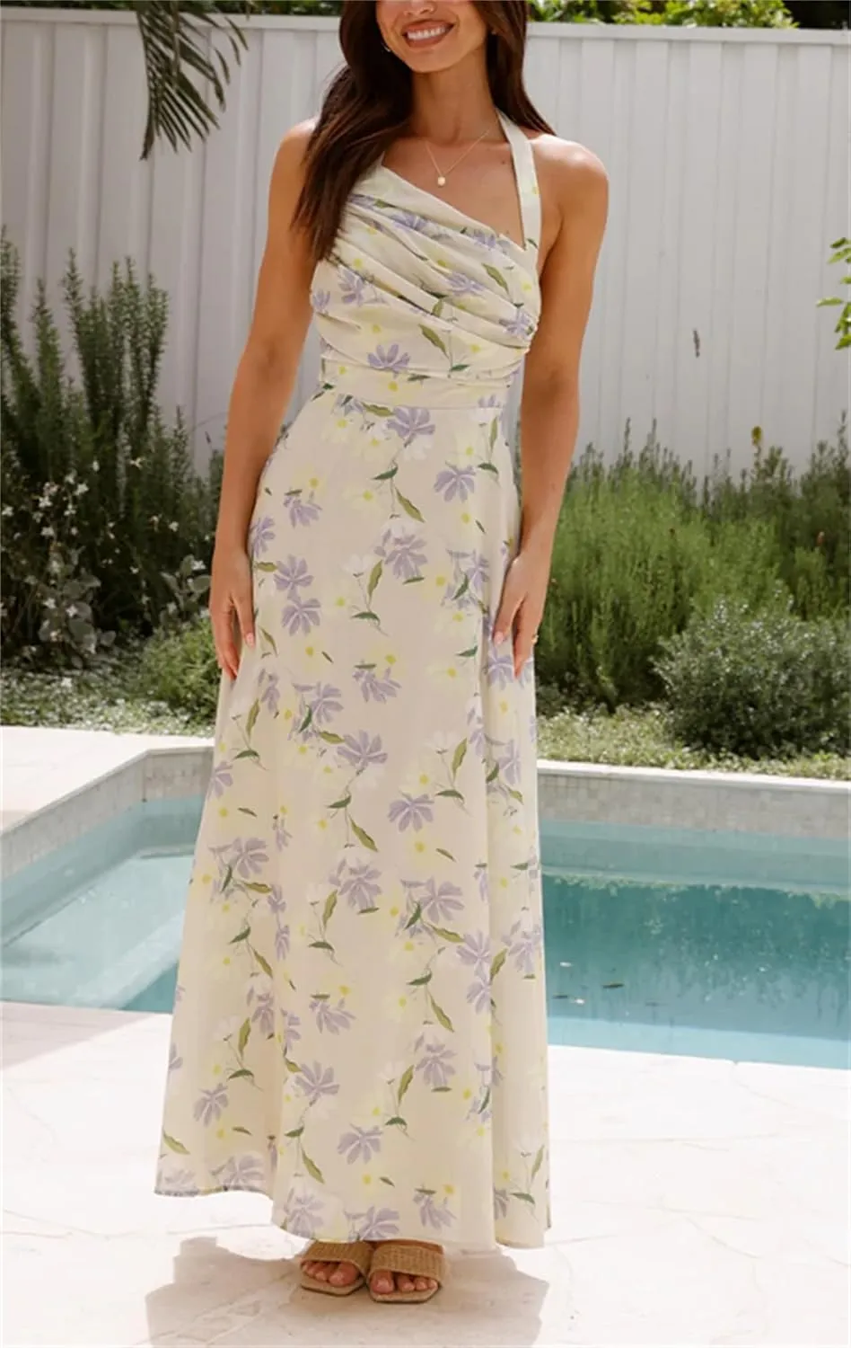 Women Boho Floral Smocked Maxi Dress Y2k Patchwork Lace Layered Long Beach Dress Casual Flowy Summer Sundress