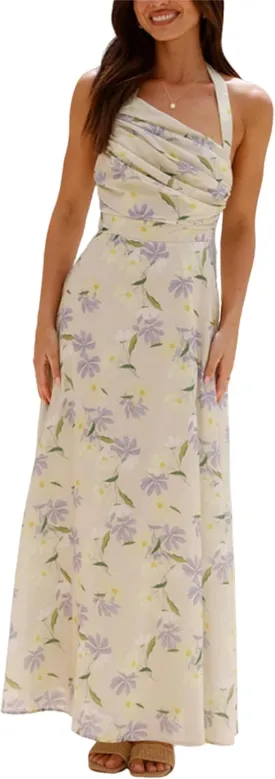 Women Boho Floral Smocked Maxi Dress Y2k Patchwork Lace Layered Long Beach Dress Casual Flowy Summer Sundress